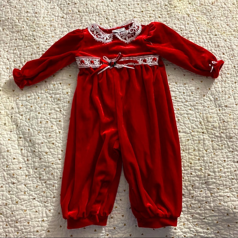 Vintage Youngland Red Velvet Romper 6/9 Months